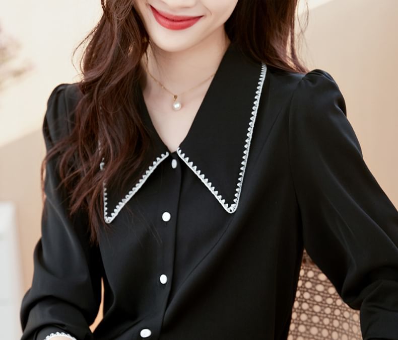 Contrast-Trim Button-Up Collared Long-Sleeved Shirt