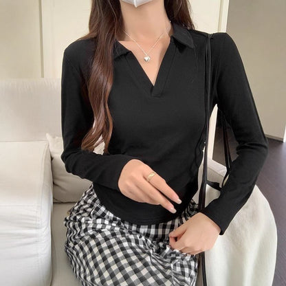 Plain V-Neck Slim-Fit Long-Sleeved Polo Shirt