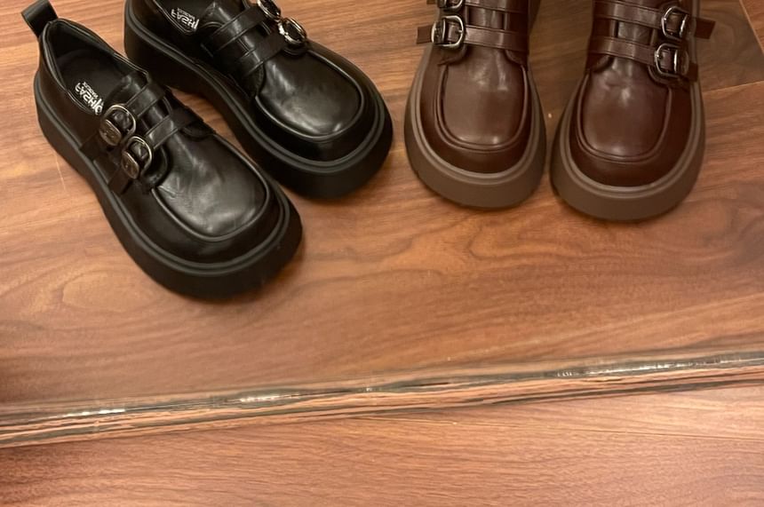 Faux Leather Platform Buckled Strap Loafers