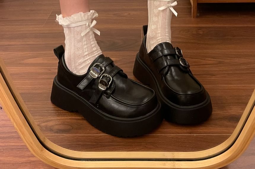 Faux Leather Platform Buckled Strap Loafers