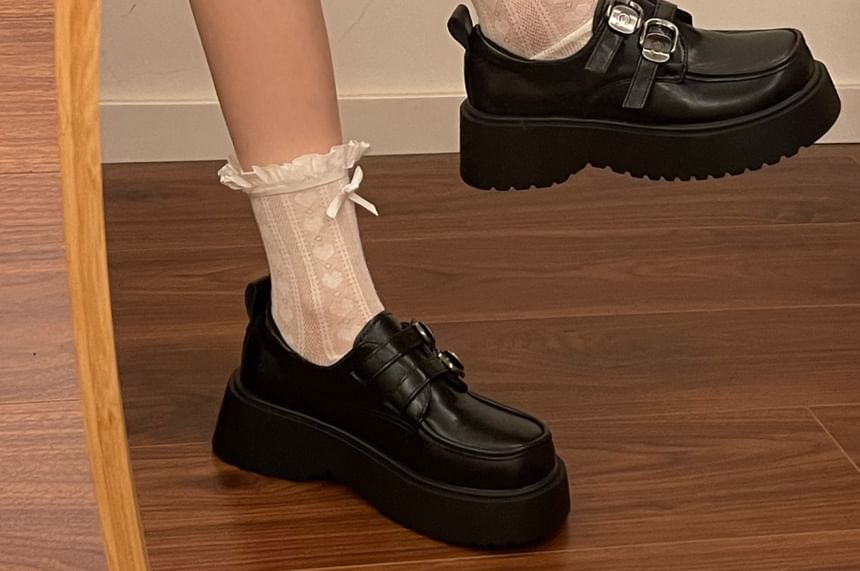 Faux Leather Platform Buckled Strap Loafers
