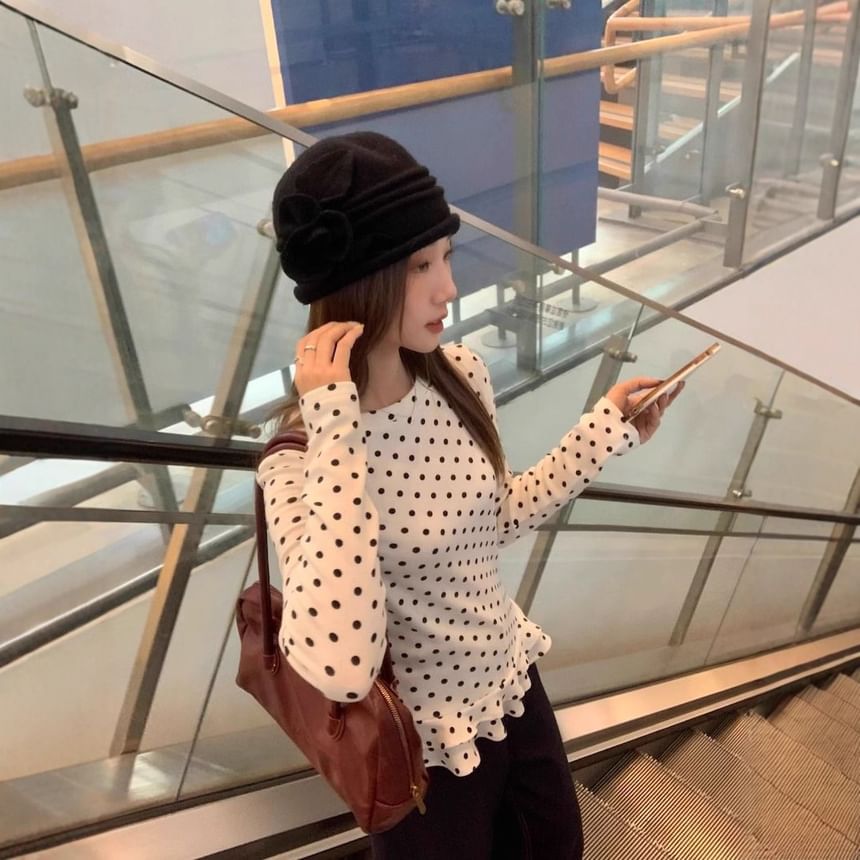 Dotted Ruffle-Hem Crew-Neck Long-Sleeved Tee