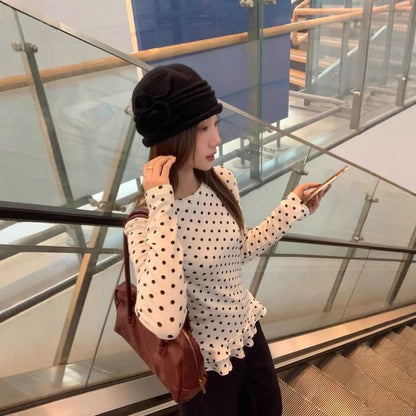 Dotted Ruffle-Hem Crew-Neck Long-Sleeved Tee