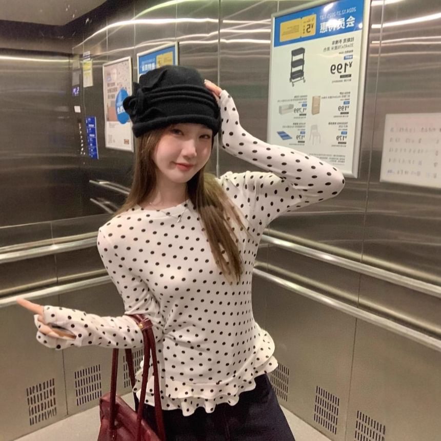 Dotted Ruffle-Hem Crew-Neck Long-Sleeved Tee