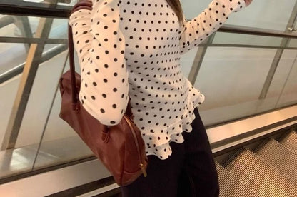 Dotted Ruffle-Hem Crew-Neck Long-Sleeved Tee