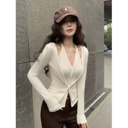 Set: Plain Halter Button Top + Cardigan