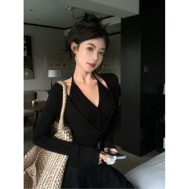 Set: Plain Halter Button Top + Cardigan