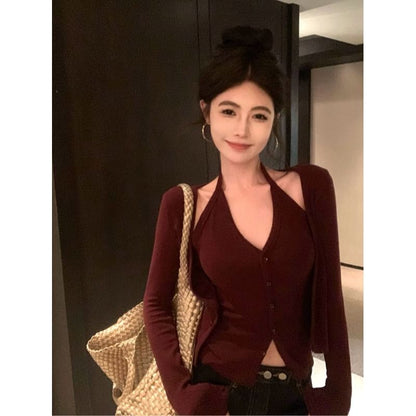 Set: Plain Halter Button Top + Cardigan