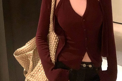 Set: Plain Halter Button Top + Cardigan