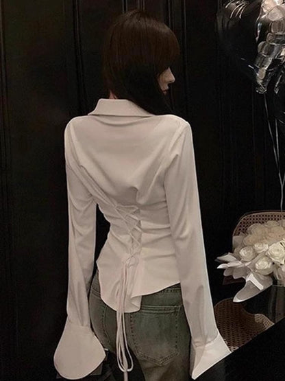 Plain Button-Up Collared Slim-Fit Long-Sleeved Blouse
