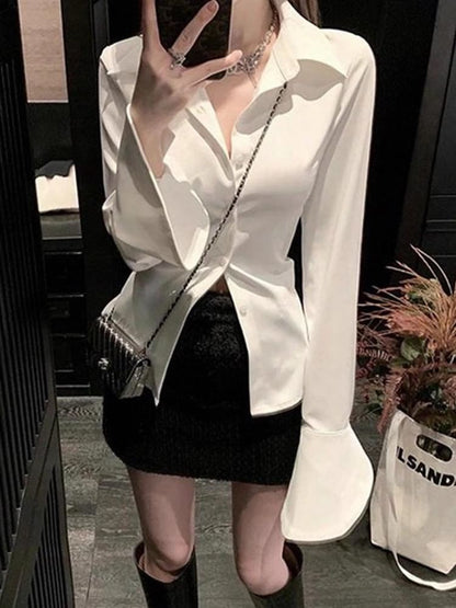 Plain Button-Up Collared Slim-Fit Long-Sleeved Blouse