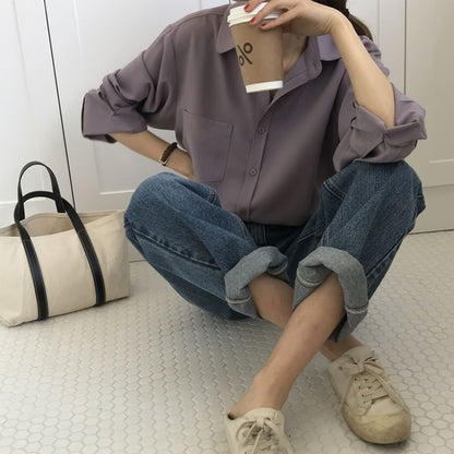 Plain Collared Long-Sleeved Shirt