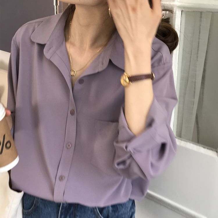 Plain Collared Long-Sleeved Shirt