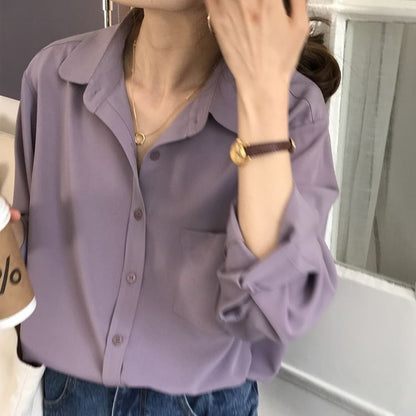 Plain Collared Long-Sleeved Shirt