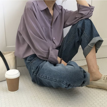 Plain Collared Long-Sleeved Shirt