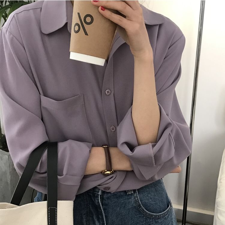 Plain Collared Long-Sleeved Shirt