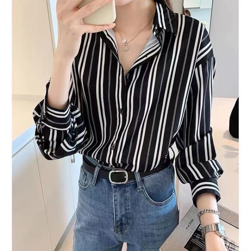 Striped Collared Long-Sleeved Shirt