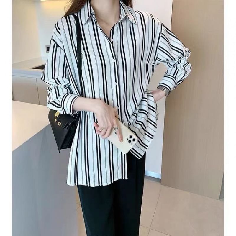 Striped Collared Long-Sleeved Shirt