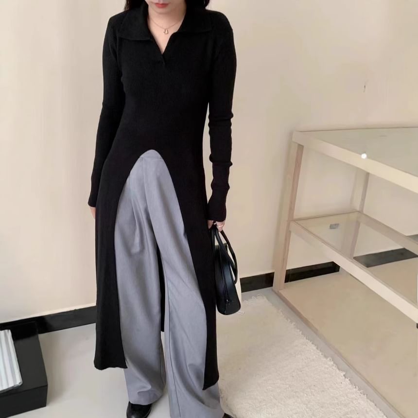 Long-Sleeve Slit Hem Plain Knit Maxi A-Line Dress