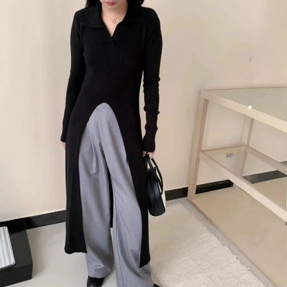 Long-Sleeve Slit Hem Plain Knit Maxi A-Line Dress