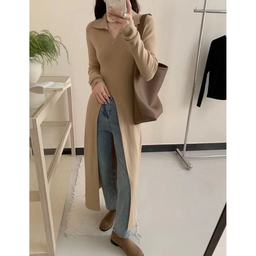 Long-Sleeve Slit Hem Plain Knit Maxi A-Line Dress