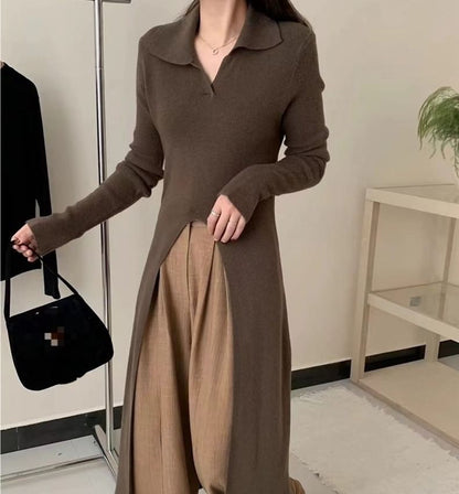 Long-Sleeve Slit Hem Plain Knit Maxi A-Line Dress