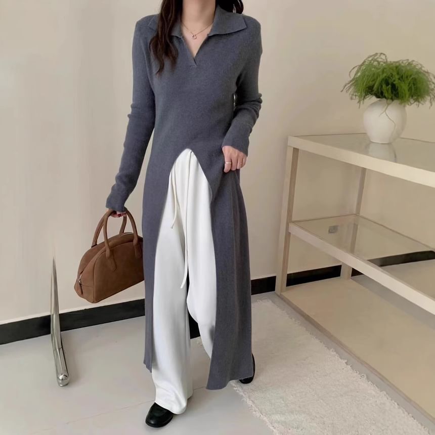 Long-Sleeve Slit Hem Plain Knit Maxi A-Line Dress