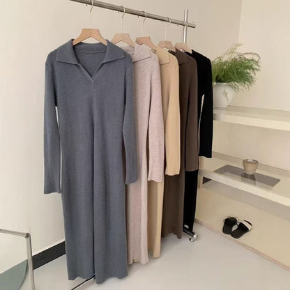 Long-Sleeve Slit Hem Plain Knit Maxi A-Line Dress