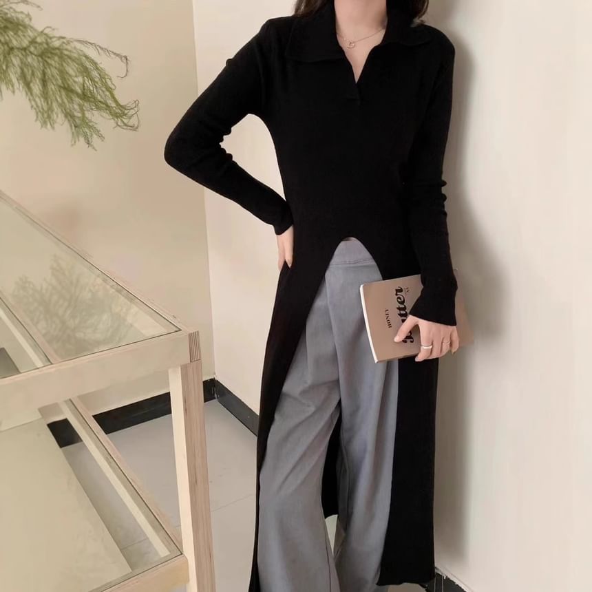 Long-Sleeve Slit Hem Plain Knit Maxi A-Line Dress