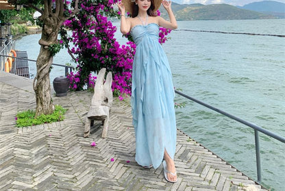Halter Tie Dye Ruffle Side-Slit Maxi Sundress