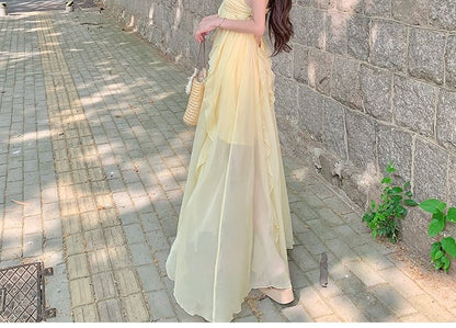 Spaghetti Strap Plain Ruffle Maxi Sundress