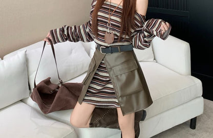 Off-Shoulder Striped Mini Dress with Faux Leather Skirt and Belt Set