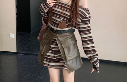 Off-Shoulder Striped Mini Dress with Faux Leather Skirt and Belt Set