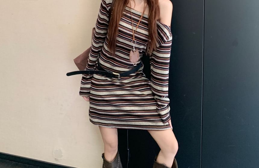 Off-Shoulder Striped Mini Dress with Faux Leather Skirt and Belt Set