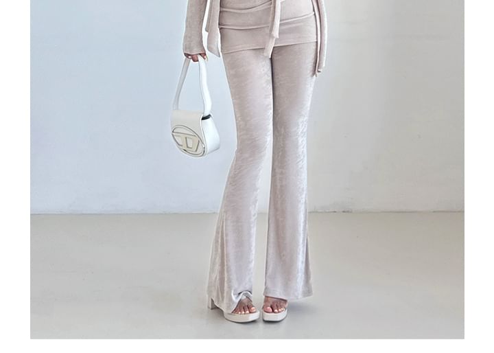 Plain Slim-Fit Tie-Waist Cami, Flared High-Waisted Pants, Open Cardigan