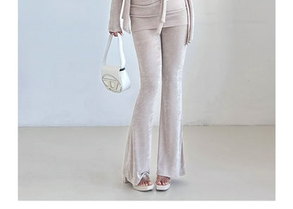 Plain Slim-Fit Tie-Waist Cami, Flared High-Waisted Pants, Open Cardigan