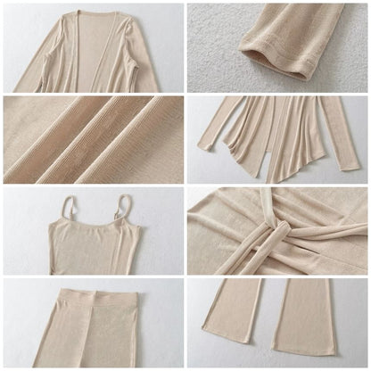 Plain Slim-Fit Tie-Waist Cami, Flared High-Waisted Pants, Open Cardigan