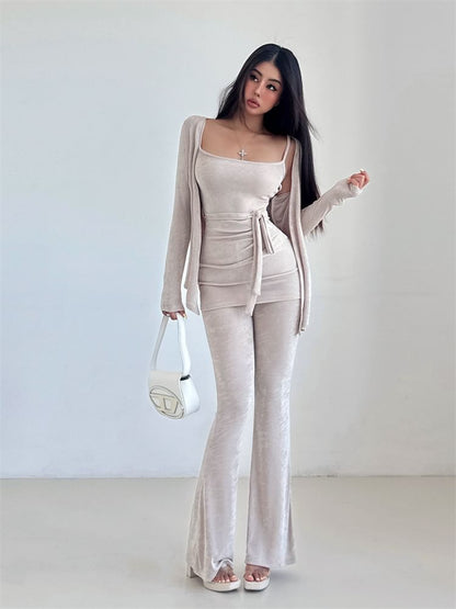 Plain Slim-Fit Tie-Waist Cami, Flared High-Waisted Pants, Open Cardigan