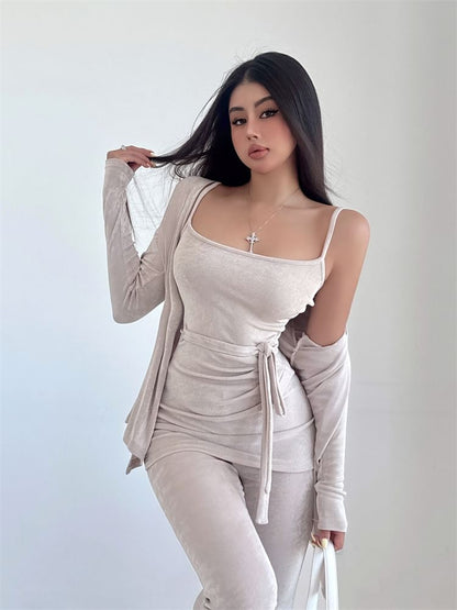 Plain Slim-Fit Tie-Waist Cami, Flared High-Waisted Pants, Open Cardigan