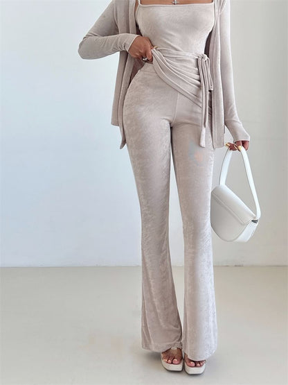 Plain Slim-Fit Tie-Waist Cami, Flared High-Waisted Pants, Open Cardigan
