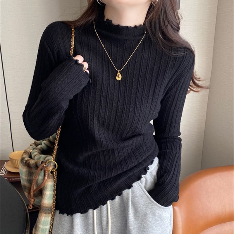 Plain Lettuce-Edge Mock-Neck Long-Sleeved Knit Top