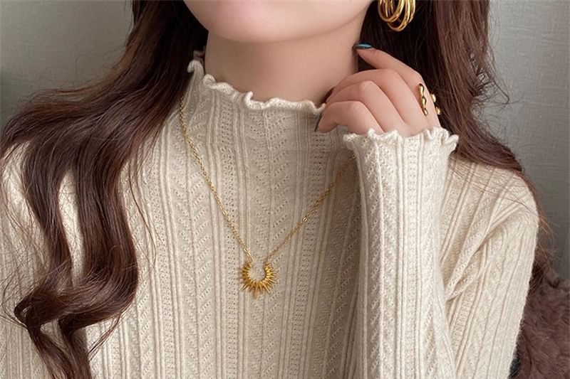 Plain Lettuce-Edge Mock-Neck Long-Sleeved Knit Top