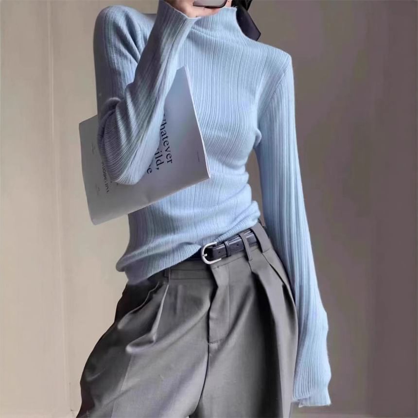 Plain Ribbed Knit Mock-Neck Long-Sleeved Top