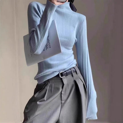 Plain Ribbed Knit Mock-Neck Long-Sleeved Top