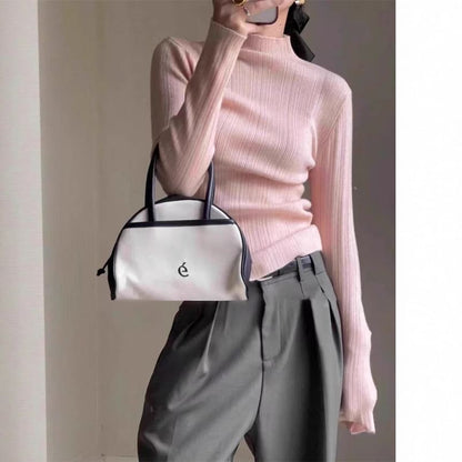 Plain Ribbed Knit Mock-Neck Long-Sleeved Top