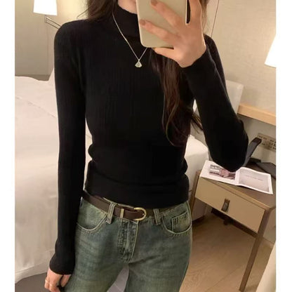 Plain Ribbed Knit Mock-Neck Long-Sleeved Top