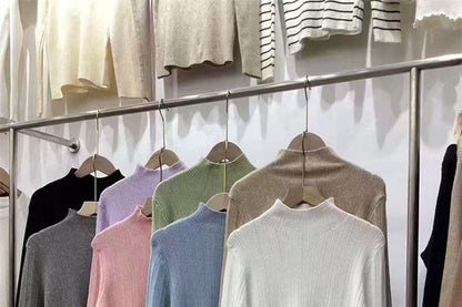Plain Ribbed Knit Mock-Neck Long-Sleeved Top