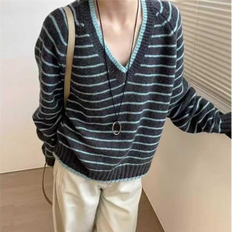 Striped V-Neck Knit Sweater