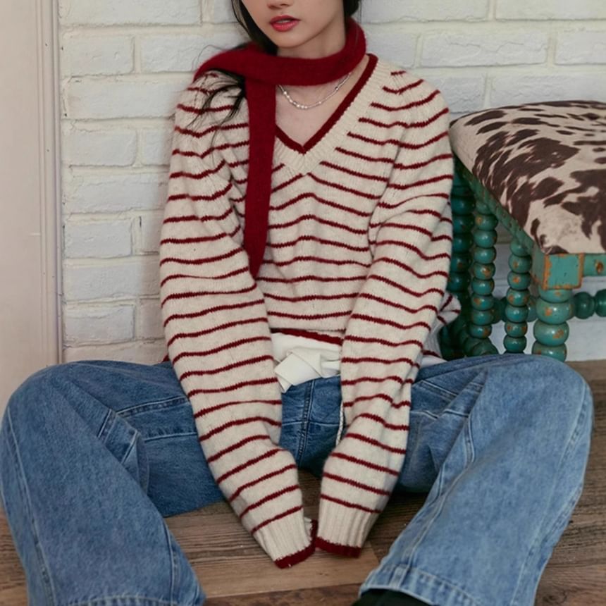 Striped V-Neck Knit Sweater