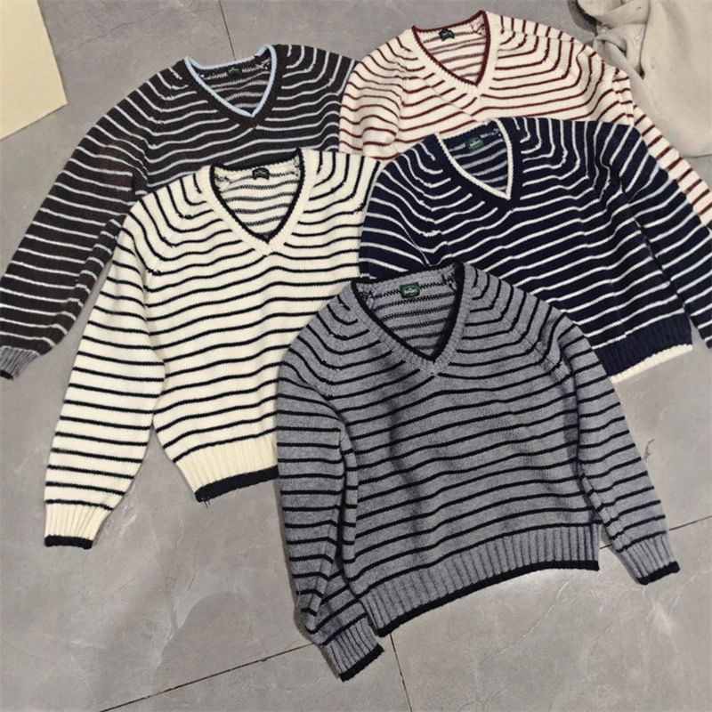 Striped V-Neck Knit Sweater